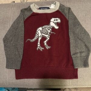 The Children's Place Gray and Red Raglan Dinosaur Sweater
